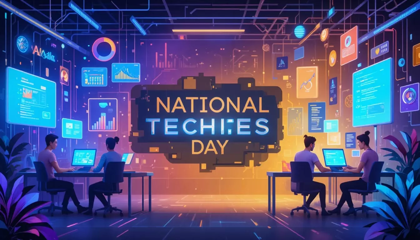 Flat design National Techies Day banner featuring programmers, digital icons, and circuit patterns