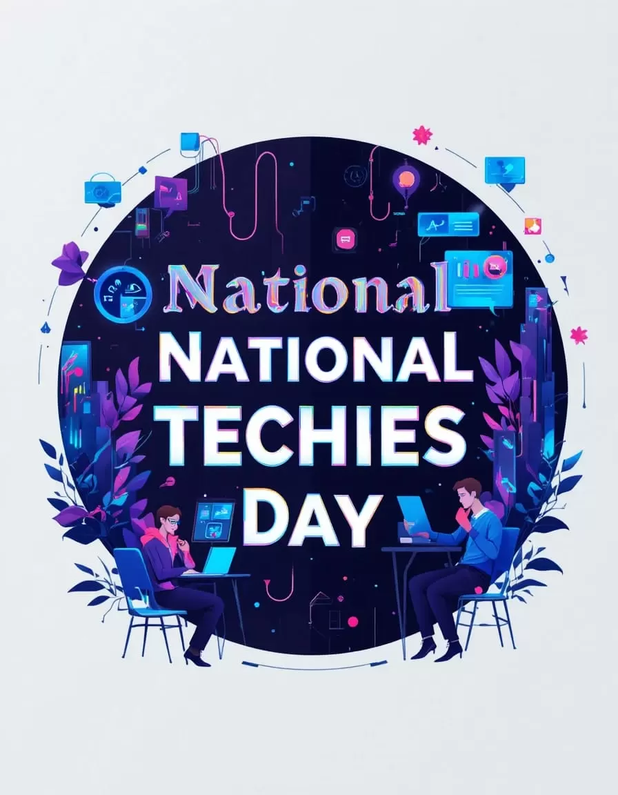 National Techies Day celebration artwork showing developers collaborating with glowing tech screens