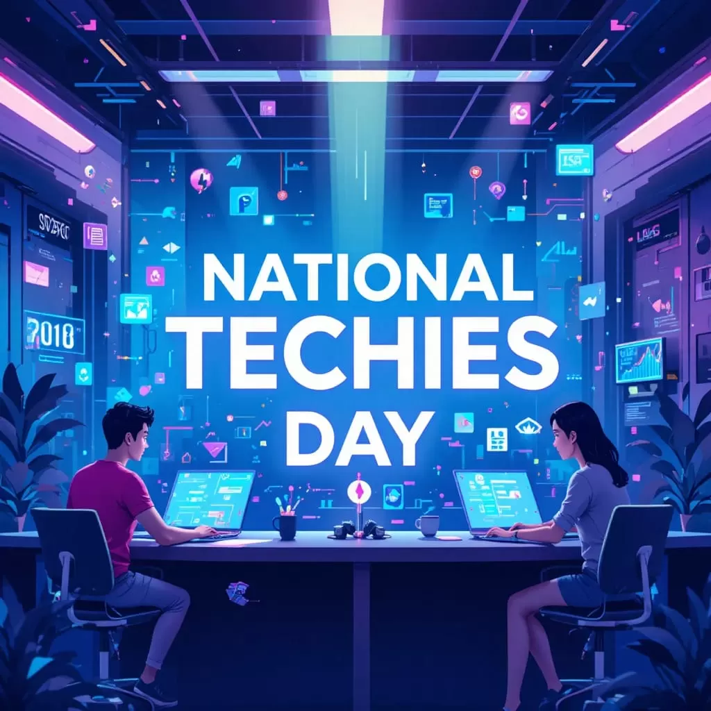 Modern technology illustration for National Techies Day with AI symbols and abstract data visuals
