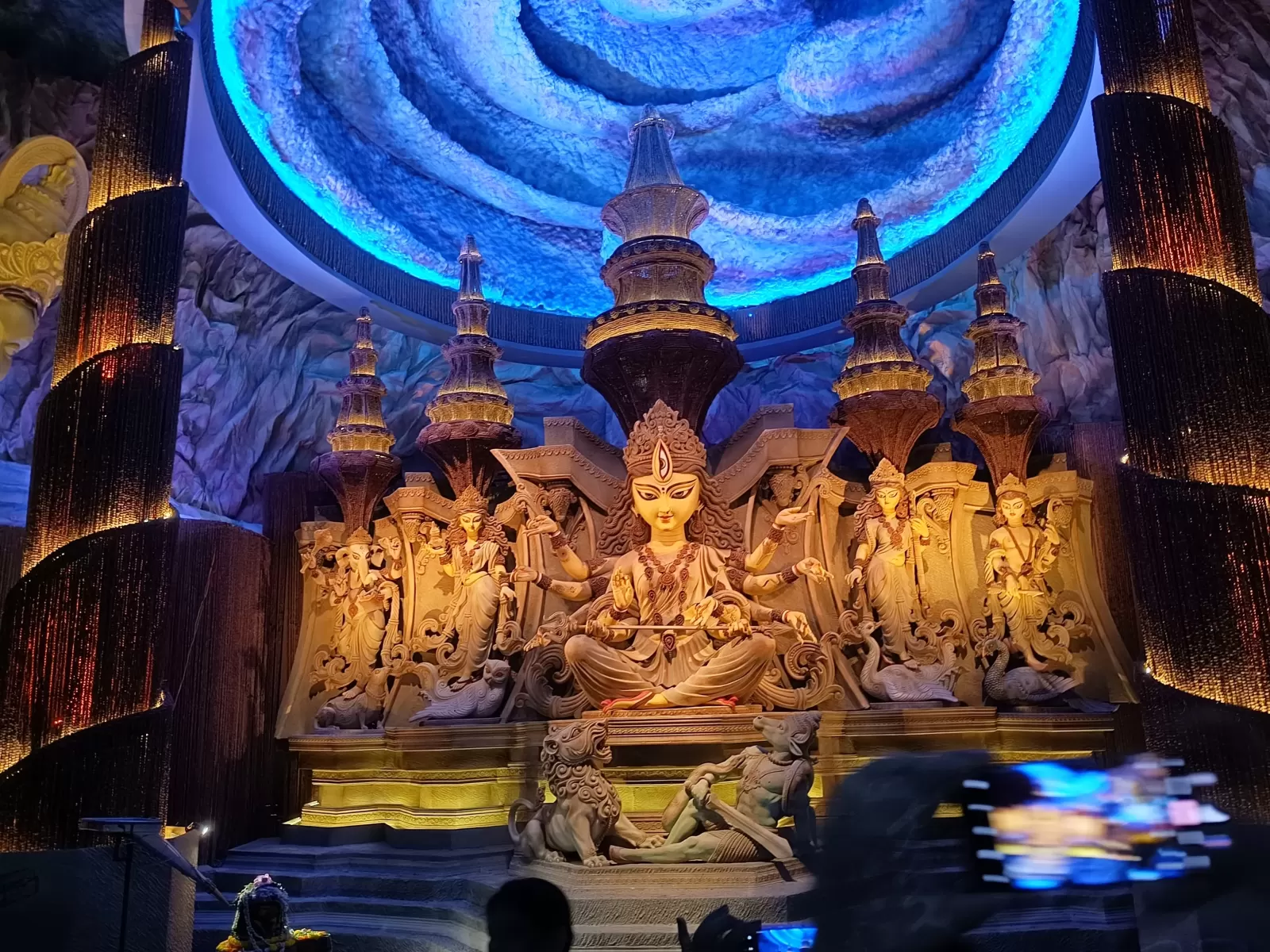 Close up of Durga idol face with divine expression at Kolkata Durga Puja